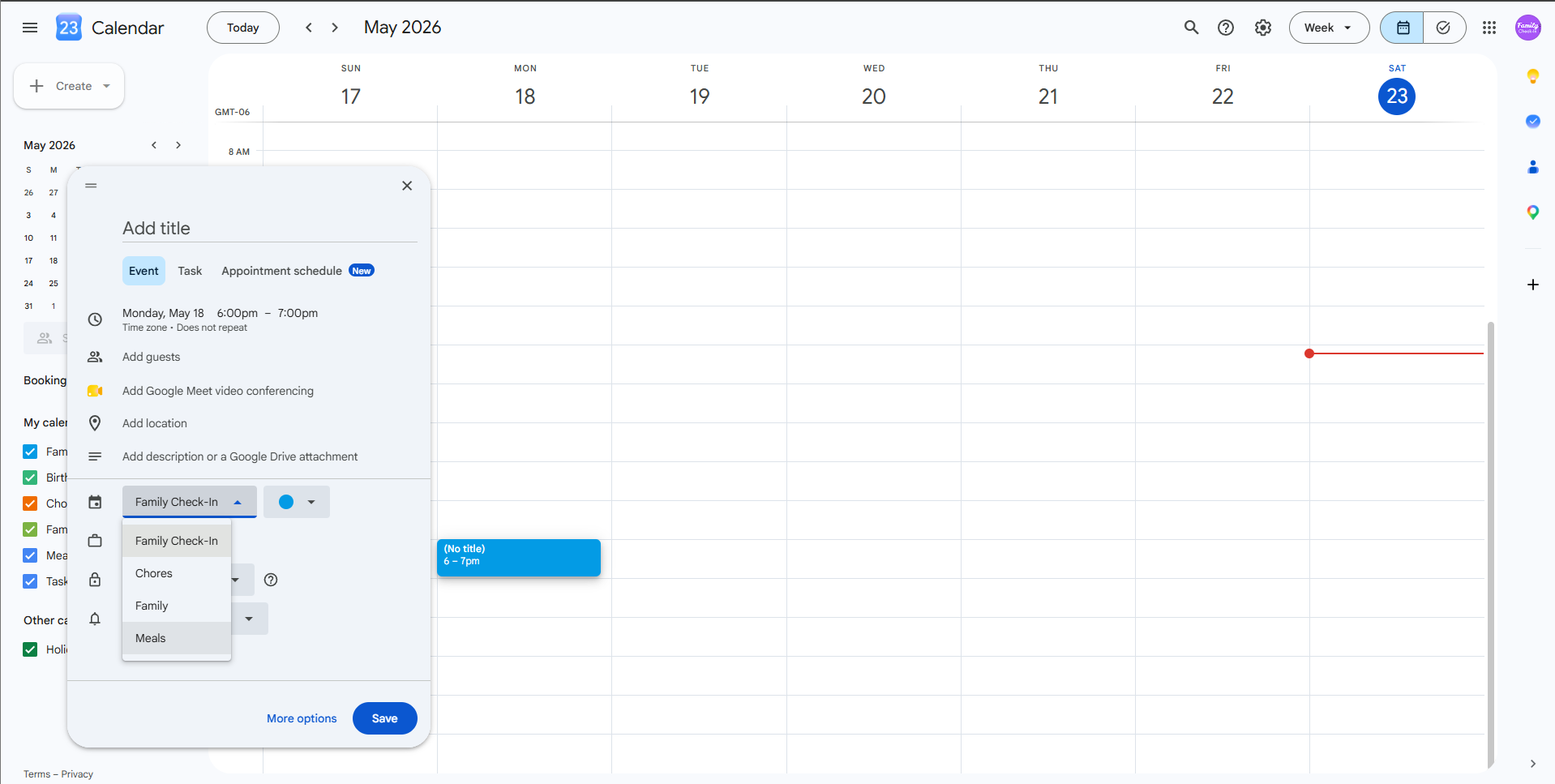 Creating a new event in Google Calendar