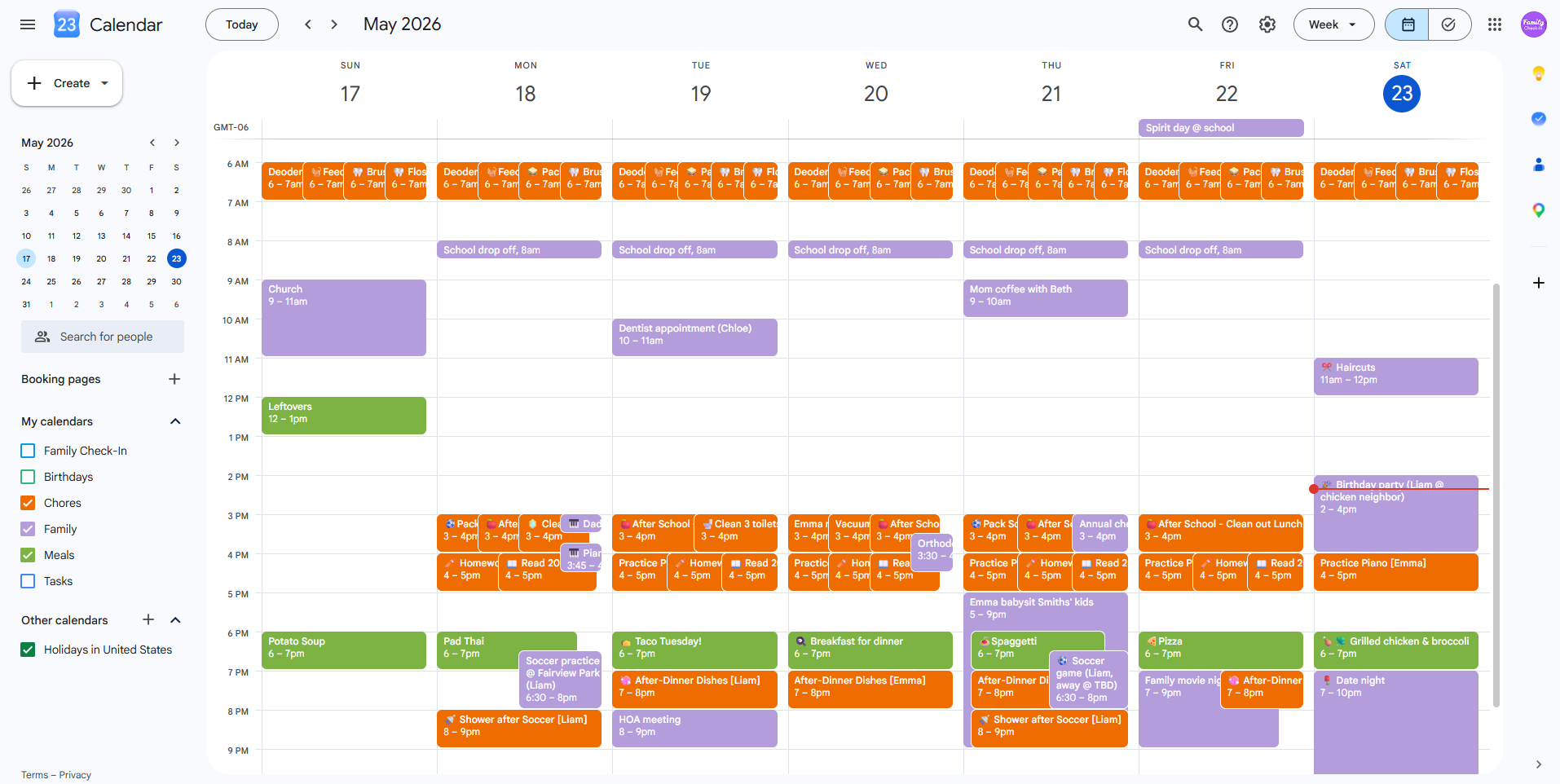 Google Calendar with chores and events populated