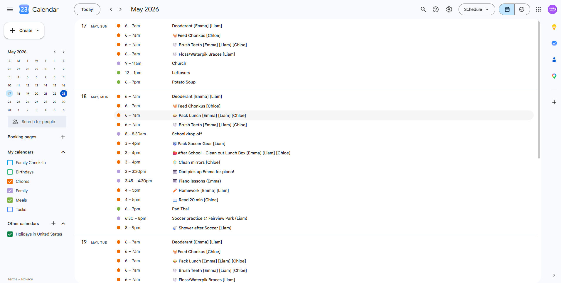 Agenda view of filled calendars