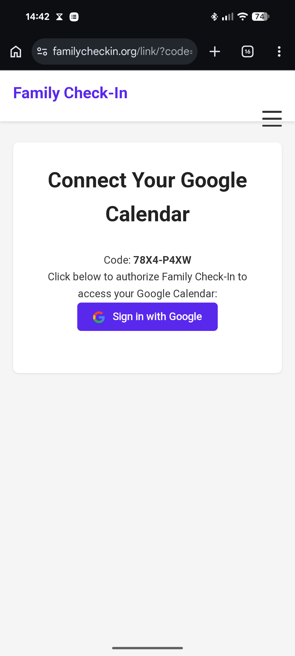 familycheckin.org/link page with code entry