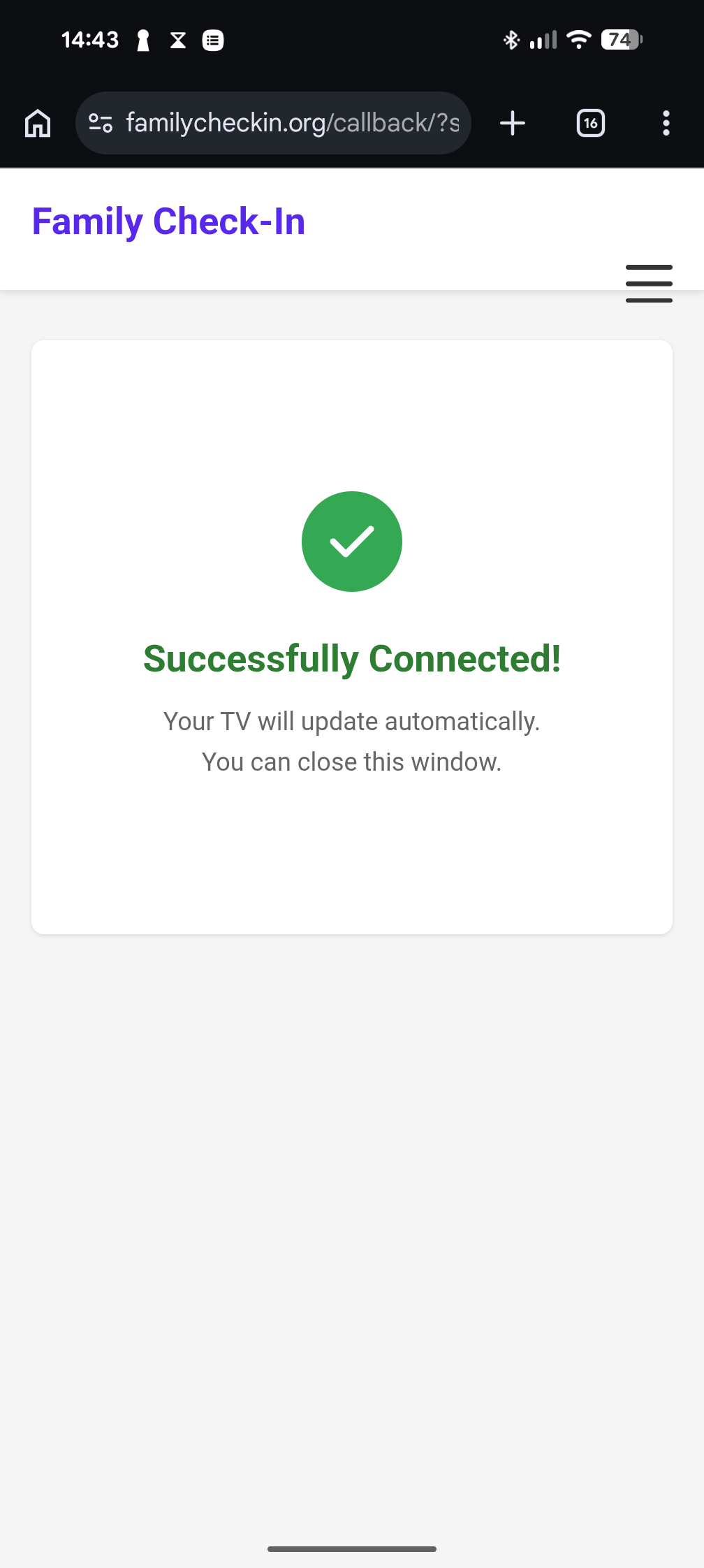Connection complete confirmation page