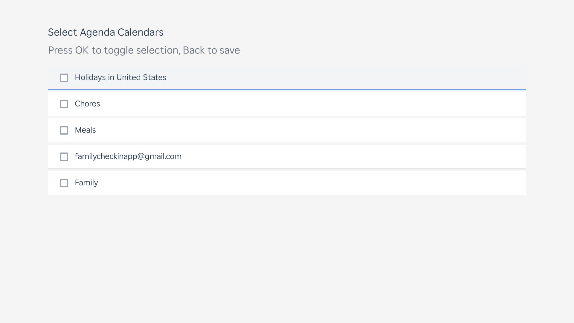 Agenda calendar selection screen, empty