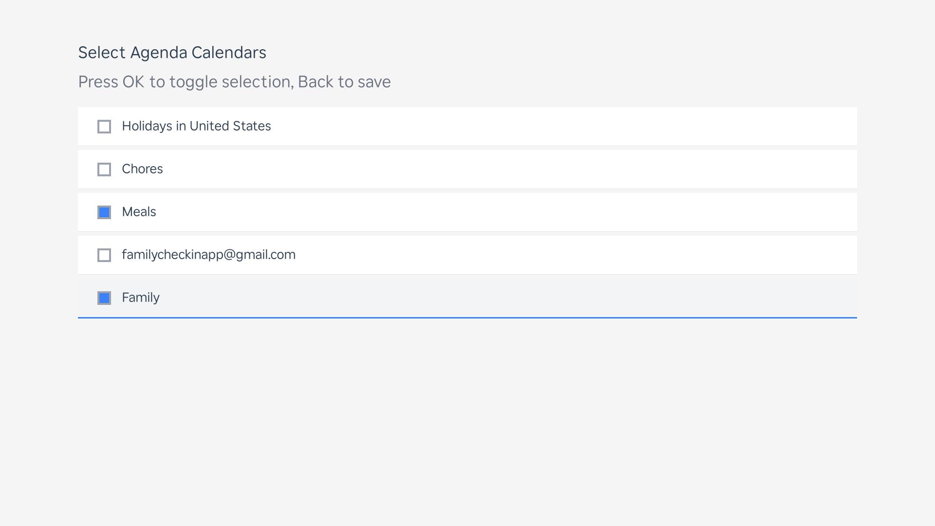 Agenda calendar selection screen with calendars chosen
