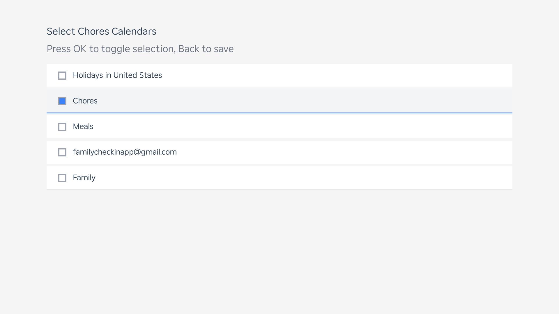 Chore calendar selected in settings