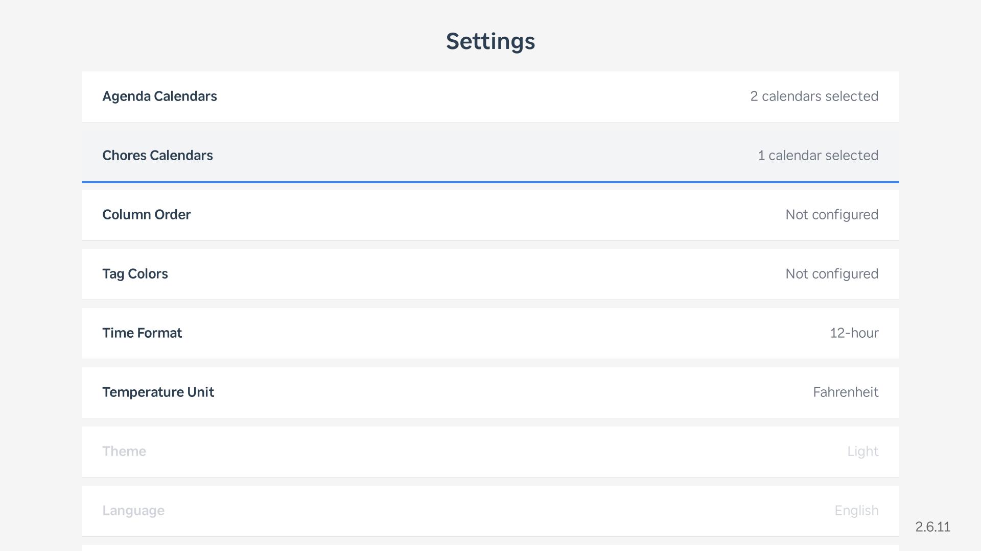 Settings screen after calendars are configured