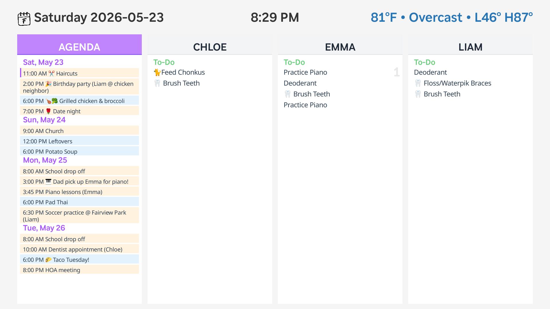 Main screen showing chore columns and agenda